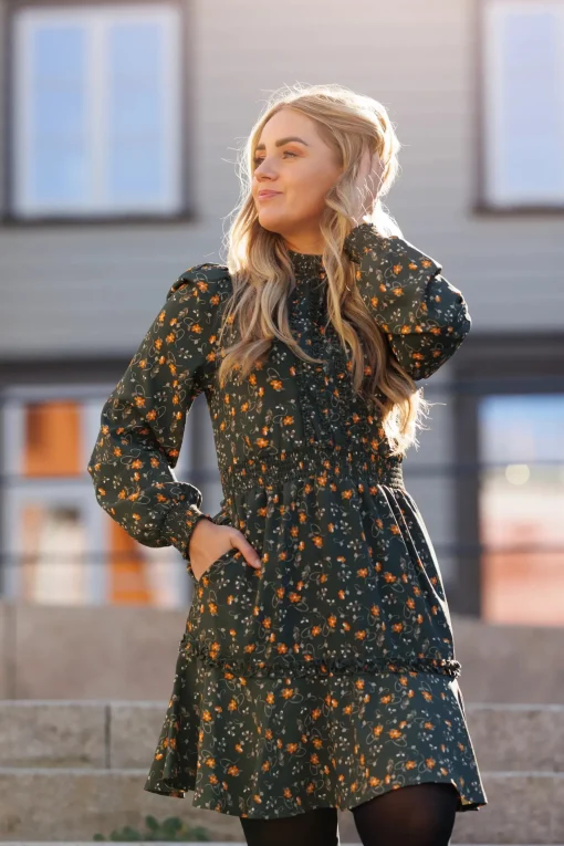 Julia kjole - Mørk grønn / oransje
